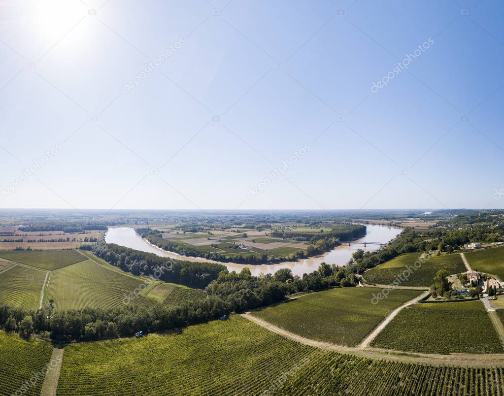 Aerial view Bordeaux Vineyard at sunrise, Entre deux mers, Langoiran, Gironde, France