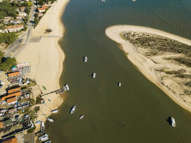 Havadan görünümü, balıkçı köyü ve Mimbeau Beach, Cap Ferret, Arcachon Basin, Lege Cap Feret, Gironde