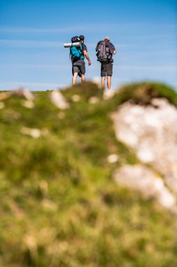 Sırt çantalı hacılar Fransa 'nın Bask bölgesinde Camino de Santiago' da yürüyorlar.