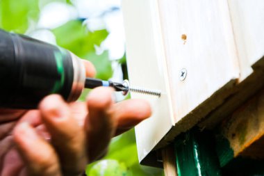 Adamın biri vidayı tornavidayla tahta tahtaya çeviriyor.