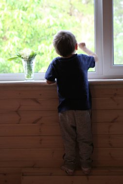 Küçük bir çocuk pencereden dışarı bakıyor. Arkadan manzara. Yanında vadi zambaklarıyla dolu bir vazo var. Kavram: beklenti, üzüntü, üzüntü, yalnızlık
