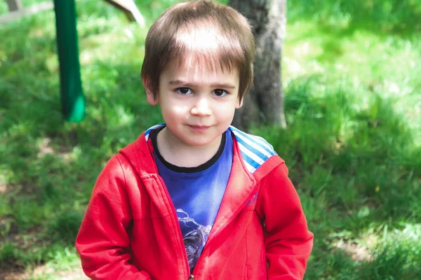 Portret Van Een Jongetje Een Rood Sweatshirt Tuin Van Zijn — Stockfoto