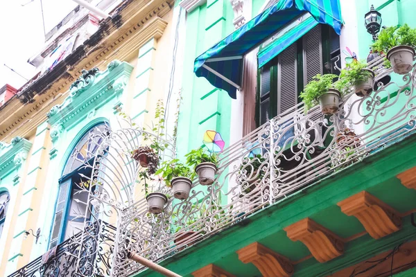 Habana Cuba Febrero 2020 Viejo Balcón Con Flores Edificio —  Fotos de Stock