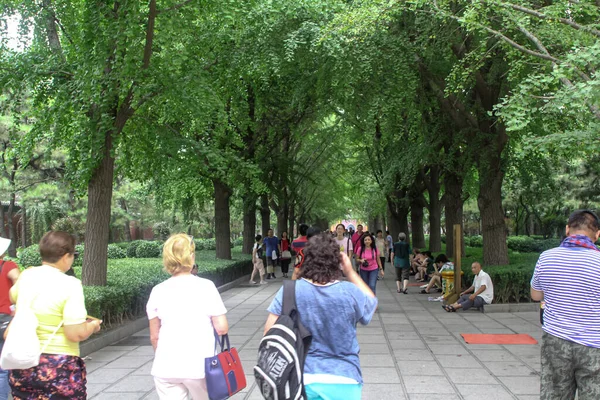 2018年7月30日 中国北京 游客们沿着银杏树小巷从延和宫拉面寺入口处走过 — 图库照片