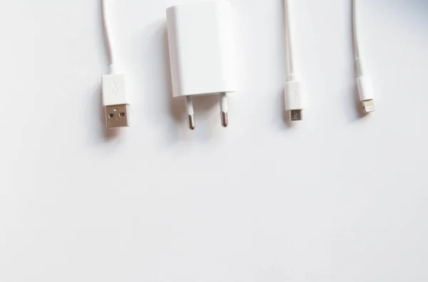 Usb Cable Plug Socket Mini Usb Lightning White Background — Stock Photo, Image