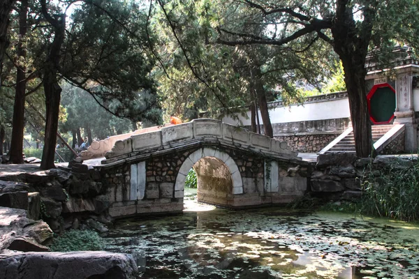 Beijing China Julio 2018 Puente Mármol Sobre Canal Con Lirios —  Fotos de Stock