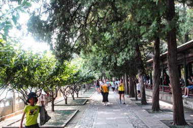 Pekin, Çin, 31 Temmuz 2018: Yiheyuan parkındaki Çin imparatorlarının konutunda göl kenarında gezinti