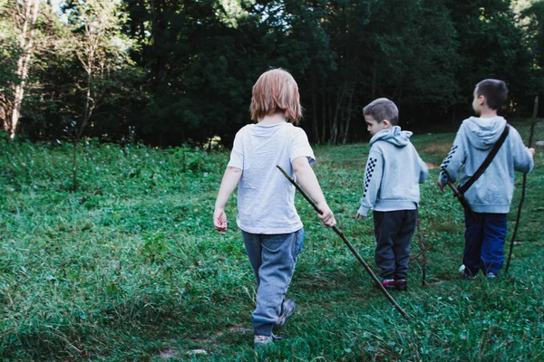 Tres Niños Con Palos Las Manos Están Caminando Sobre Hierba —  Fotos de Stock