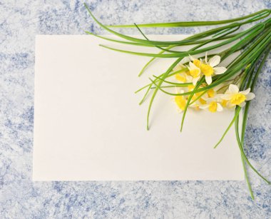 Çiçek desenli mavi ve beyaz zemin üzerine yeşil yaprakları yapılmış. Düz yatıyordu, en iyi görünüm. Valentine'nın arka plan. Uluslararası Woman's day, 8 Mart çiçek deseni. Çiçek desen doku