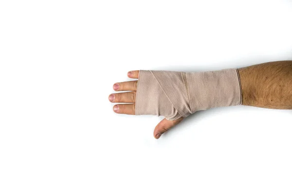 Hand Bandaged Man White Isolated Background Pain Concept — Stock Photo, Image