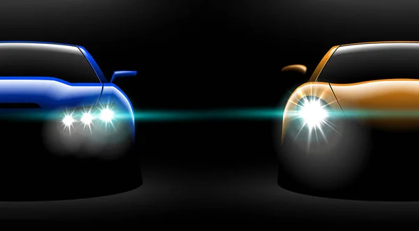 Realistische Gelb Blaue Zwei Sportwagen Ansicht Mit Freigeschalteten Scheinwerfern Dunkeln — Stockvektor