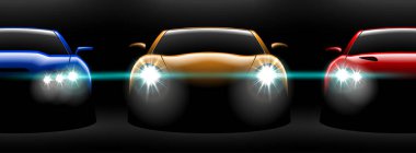 gerçekçi kırmızı sarı mavi üç spor araba görünümü karanlıkta kilidi farlar