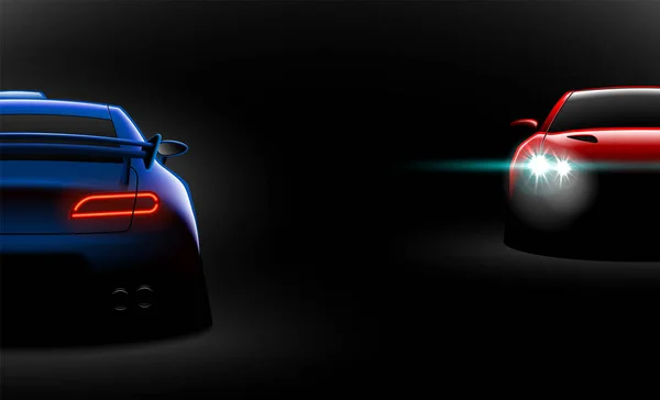 Realistische Rot Blaue Zwei Sportwagen Ansicht Mit Freigeschalteten Scheinwerfern Dunkeln — Stockvektor