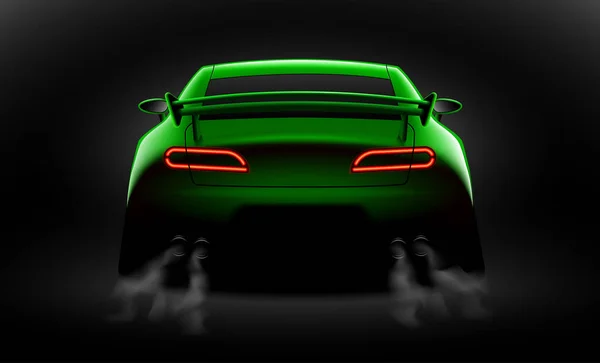 Realistiska Grön Sportbil Tillbaka Visa Med Olåst Bakljus Mörkret — Stock vektor