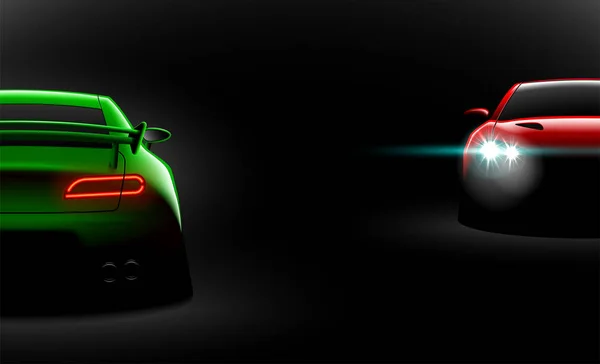 现实的红色绿色两个跑车视图与未上锁的大灯在黑暗中 — 图库矢量图片