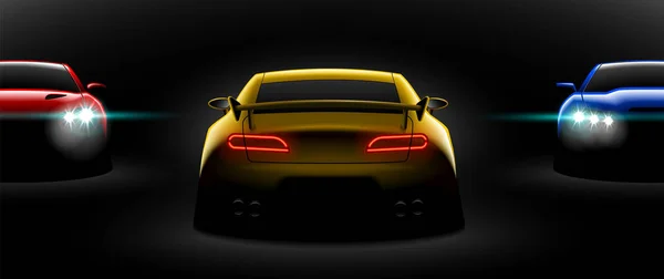 Realistic Red Yellow Blue Three Sport Car View Unlocked Headlights — Stock Vector