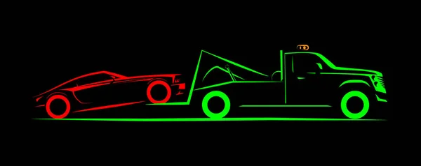 Teilbeladung Abschleppwagen einfache Seitenansicht schematisches Bild auf schwarzem Hintergrund — Stockvektor