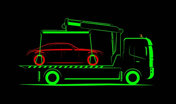 Tow truck with full loading with crane simple side view schematic image on black background — Stock Vector