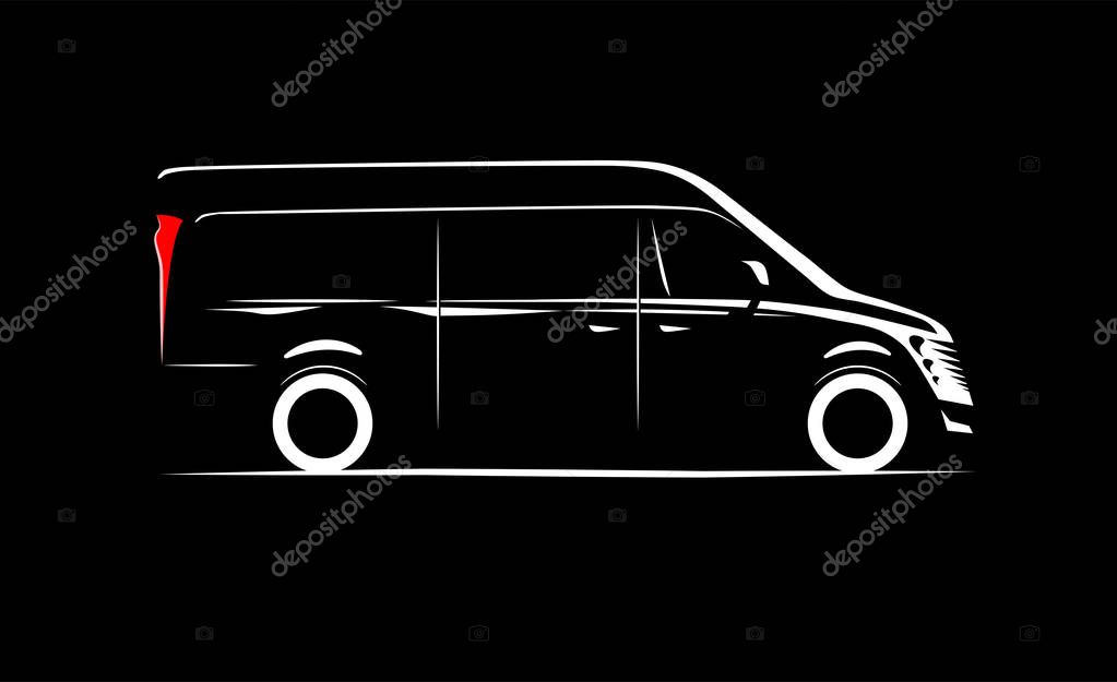 Minibus, bus simple side view schematic image on black background, vector illustration
