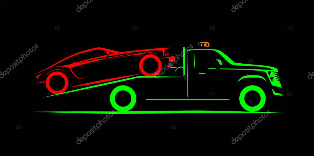 Tow truck with full loading simple side view schematic image on black background, vector illustration