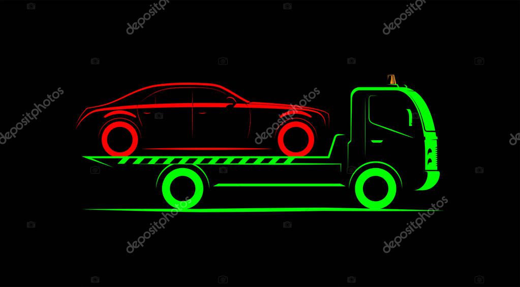 Tow truck with full loading simple side view schematic image on black background, vector illustration
