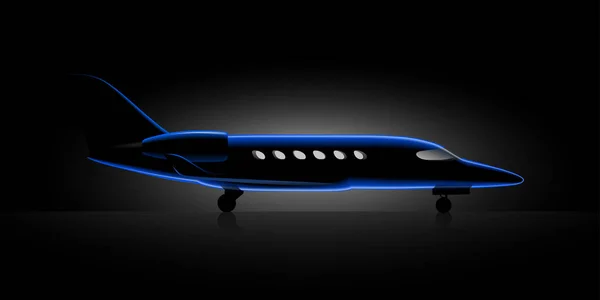 夜のハエで青現実的なプライベートジェットビジネスクラスの航空機 — ストックベクタ