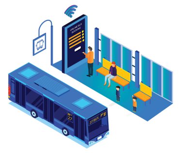 İzometrik sanat, insanların bekleyen otobüs durağı ama bir adam, online bilet rezervasyon yerine otobüs beklerken.