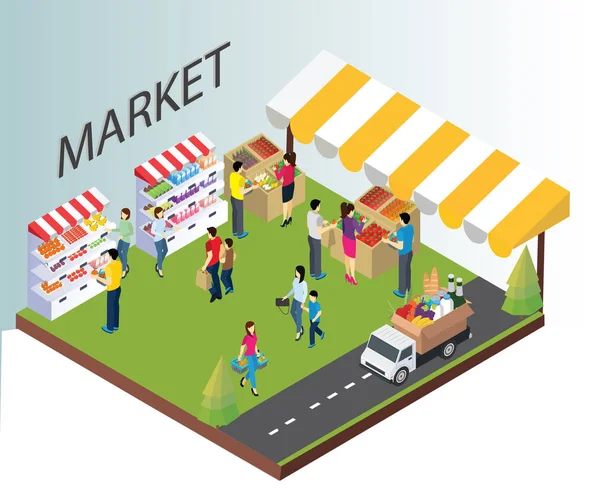 Izometryczna Grafika Lokalnego Rynku Gdzie Ludzie Kupują Normalne Produkty Spożywcze — Wektor stockowy