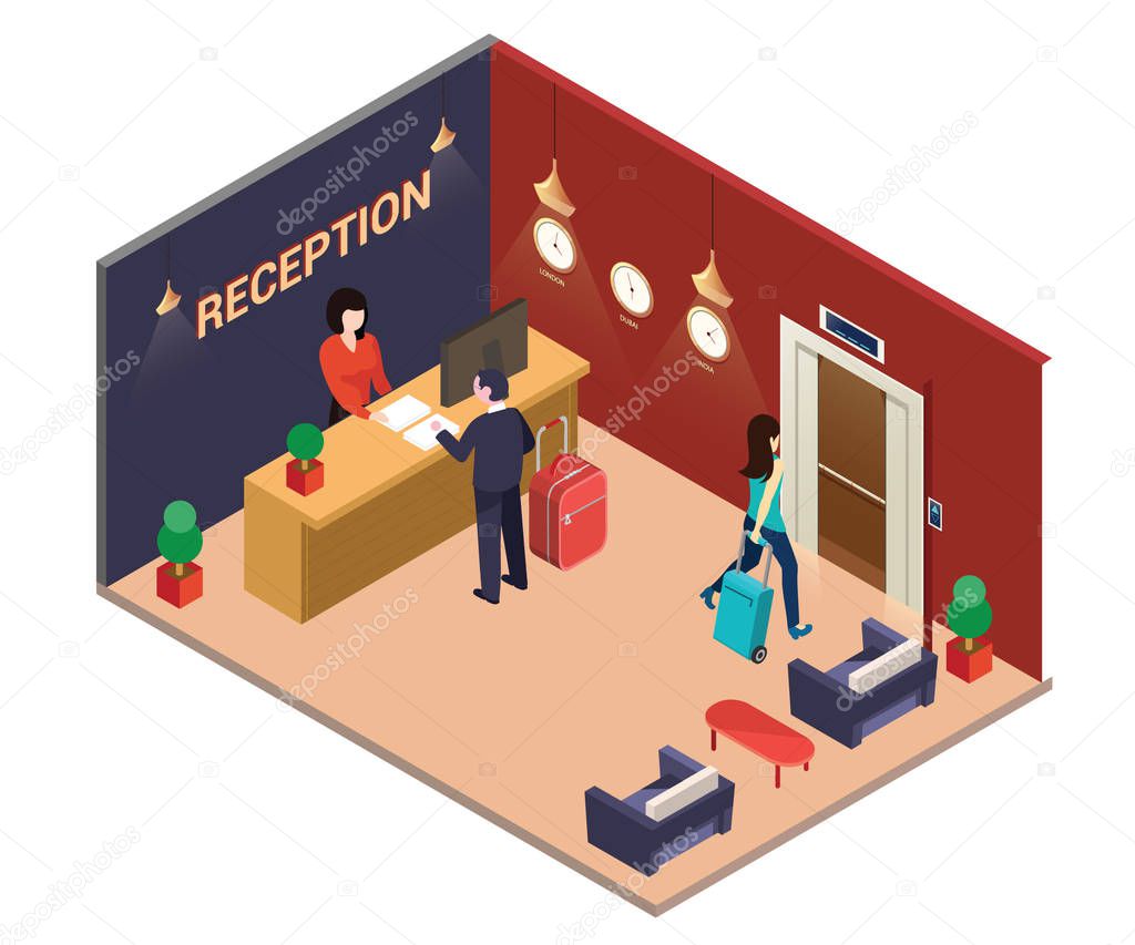 Isometric artwork of a hotel lobby, Where people are checking in and there are sofas there and a women is going towards the lift with her bag and a man is having a chat with the receptionist.