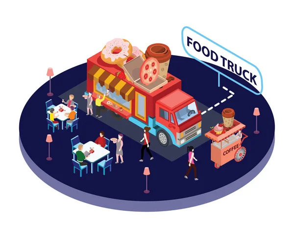 Izometryczna Grafika Ciężarówki Lokalne Jedzenie Ulicy Gdzie Ludzie Kupują Jedzenie — Wektor stockowy