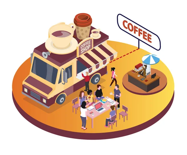 Izometryczne Kompozycji Kawy Food Truck Gdzie Ludzie Mają Wielki Czas — Wektor stockowy