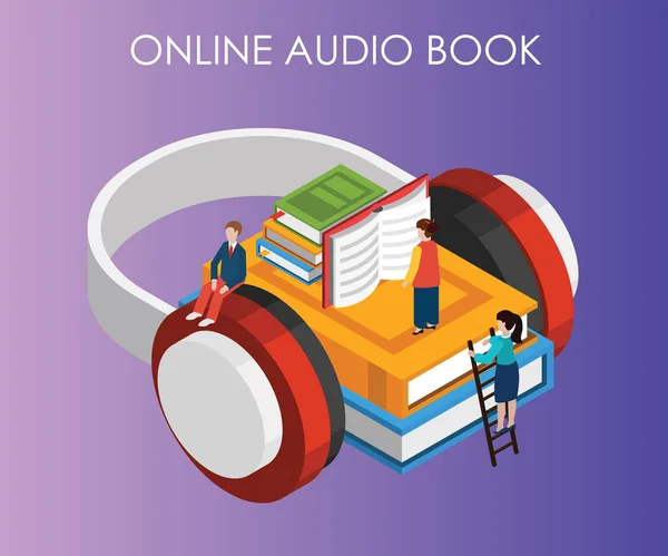 Isométrico Arte Concepto Audio Libros Línea Donde Hay Montón Libros — Vector de stock