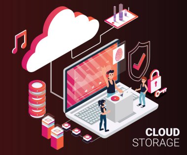 İzometrik sanat kavramı bulut depolama tüm şarkıları bulut ve insanlar üzerinde nerede onların telefonda bu akış