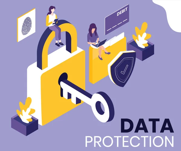 Conceito de Proteção de Dados explicado com a ajuda do Conceito de Obra Isométrica . —  Vetores de Stock