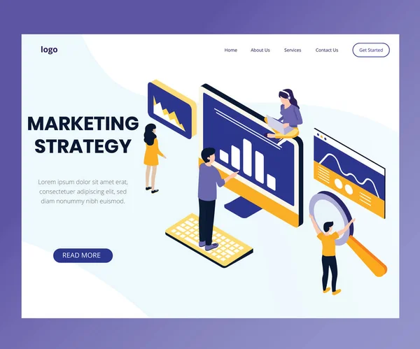 Marketing Strategy design Onde as pessoas estão trabalhando Isometric Artwork Concept . — Vetor de Stock