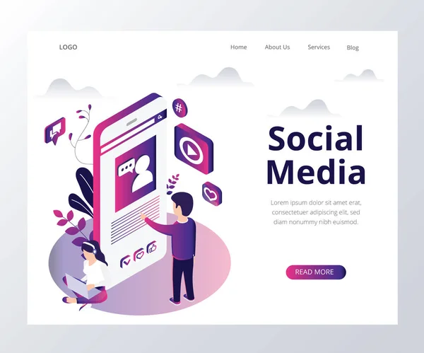 Social Media, Onde Branding de uma empresa é feito Isométrico Artwork Concept . — Vetor de Stock