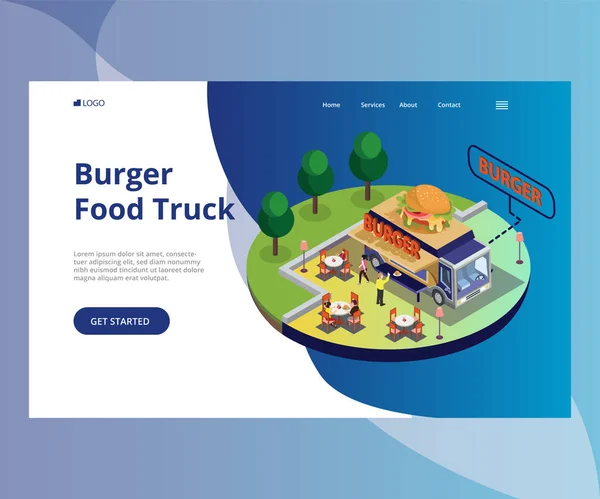 Pessoas comendo alimentos em um Burger Food Truck Isométrico Obras de Arte . — Vetor de Stock