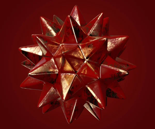 Abstract geometry red and gold object on red background. Star shaped. 3d illustration