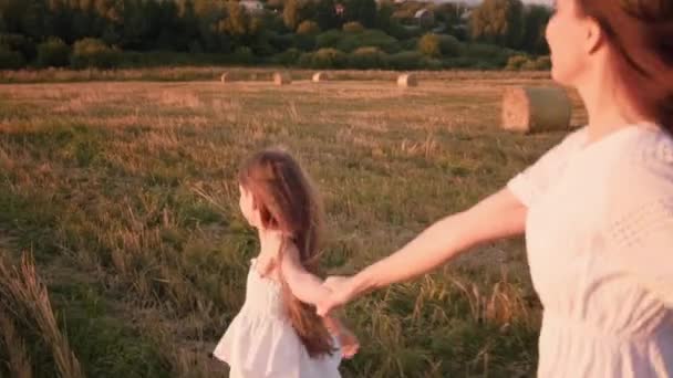 Moeder en dochter houden elkaars hand vast en rennen over het veld. — Stockvideo