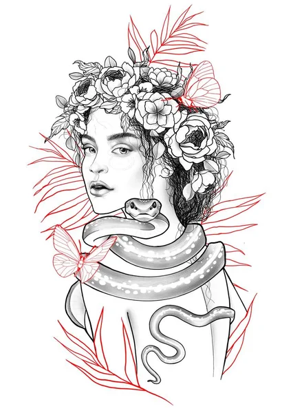 Woman Snake Tattoo Sketch — Stock Fotó