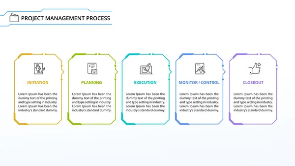 Инфографика Процесса Управления Проектами Четырехэтапный Процесс Визуализация Бизнес Данных Футуристический — стоковый вектор