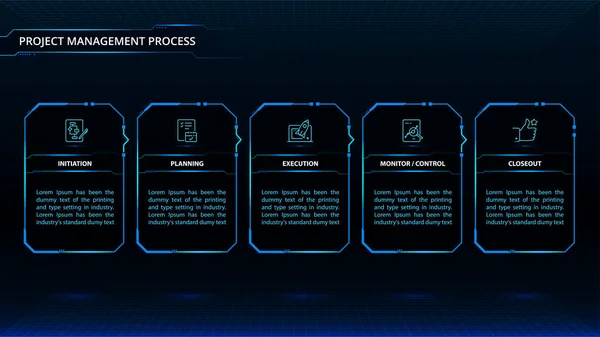 Projekt Zarządzania Procesem Infografiki Wizualizacja Danych Biznesowych Futurystyczny Układ Czterech — Wektor stockowy