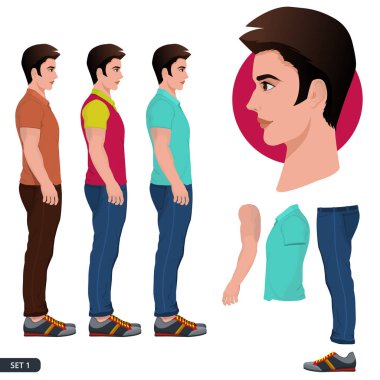 Yakışıklı genç sakal tarzı yan görüntülemek, Erkek ayakta, karakter profilden poz, şık casual gençlik çocuk, moda giyim, uygun modeli, yüz