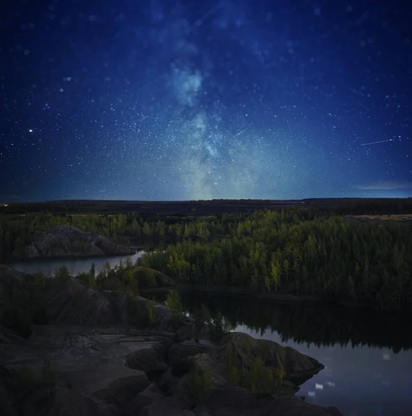 Beautiful Night Landscape Milky Way Stars Lake — Stock Photo, Image