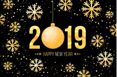 Vektör 2019 altın numaraları konfeti arka plan ve kar taneleri. Mevsimlik, el ilanları ve tebrik kartı için şablon. Vektör çizim.