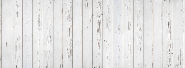 Weathered white wooden background texture. Shabby white painted wood panorama.