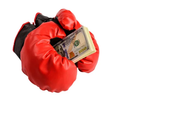 Guantes Boxeo Rojos Con Billetes Dólar Sobre Fondo Blanco — Foto de Stock