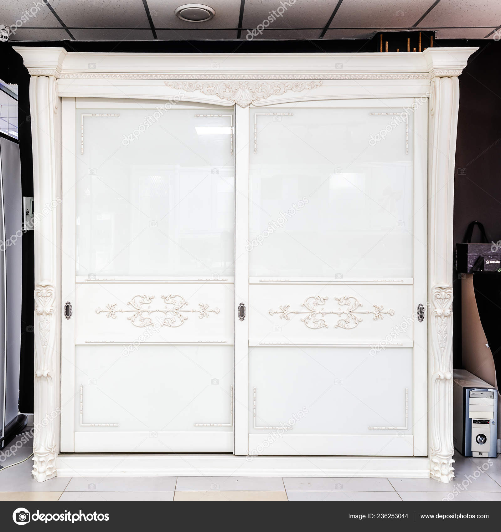 White Wardrobe Sliding Doors Drawer Shelves Vintage Style Stock