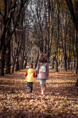 Büyük kız ve erkek kardeş sonbahar parkta vardır.