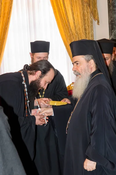 Israel Jerusalén 2016 Grupo Cristianos Ortodoxos Recepción Del Patriarca Jerusalén — Foto de Stock